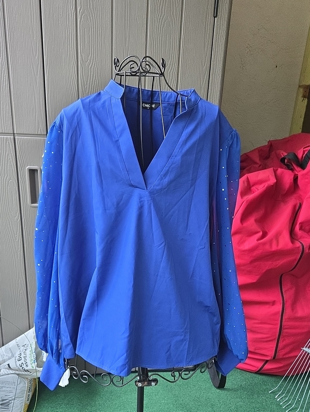 Chicme Blue V-Neck Blouse with Sheer Embellished Sleeves